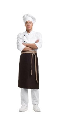 Beyaz arka planda profesyonel şef portresi.
