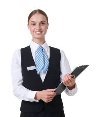 Beyaz arka planda panosu olan üniformalı hostes portresi