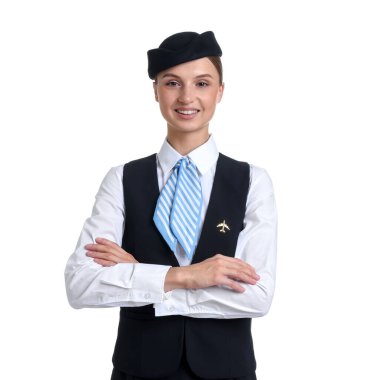 Beyaz arka planda üniformalı hostes portresi