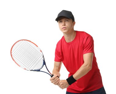 Beyaz arka planda tenis raketi olan bir adam.