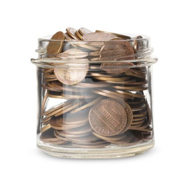 Para dolu cam kavanoz beyaza izole edilmiş