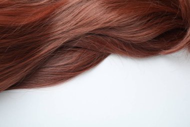 Beyaz arka planda kestane rengi saç teli, üst manzara. Metin için boşluk