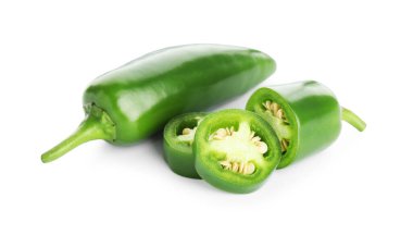 Pieces of green jalapeno pepper isolated on white