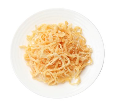 Lezzetli kuru kalamar talaşları beyaz, üst görünümde izole.