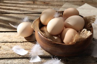 Tabakta çiğ tavuk yumurtası ve ahşap masada tüyler, yakın plan.