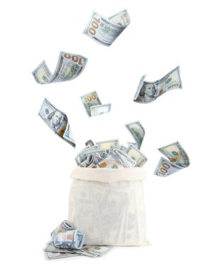Para beyaz arka planda çuvalda. Dolarlar uçuyor.
