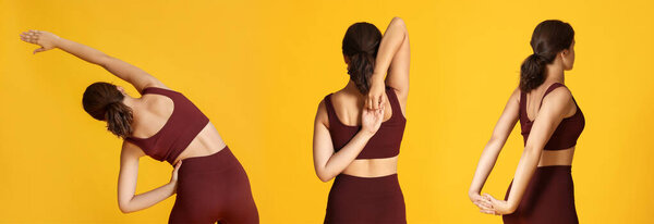 Stretching. Teenage girl doing exercises on orange background, set