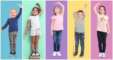 Boylarını, renkli arka planların yanında ölçen sevimli çocuklar, portre kolajı.