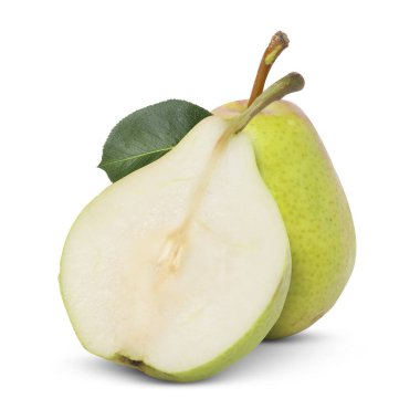 Beyazlar üzerinde taze armutlar. Tam ve dilimlenmiş.