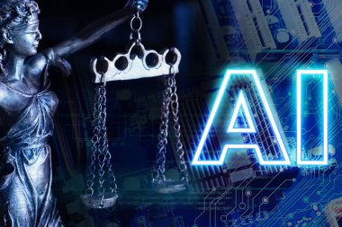 Yapay zeka ve yargı sistemi. Bilgisayar panosuna karşı Adalet ve Yapay Zeka kısaltmaları