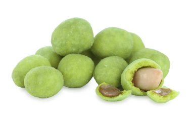 Pile of delicious wasabi coated peanuts isolated on white