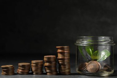 Glass jar with coins and sprout on black table, closeup