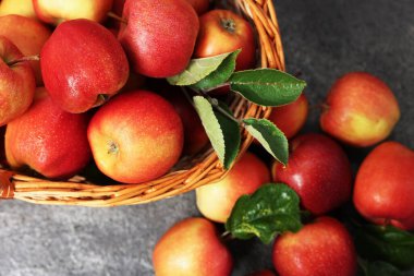 Taze olgun elmalar sepetin içinde gri masanın üstünde, düz yatıyordu.