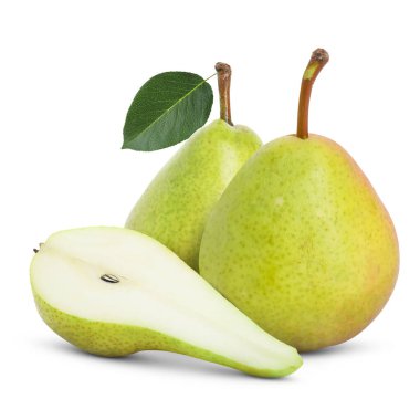 Beyazlar üzerinde taze armutlar. Tam ve dilimlenmiş.