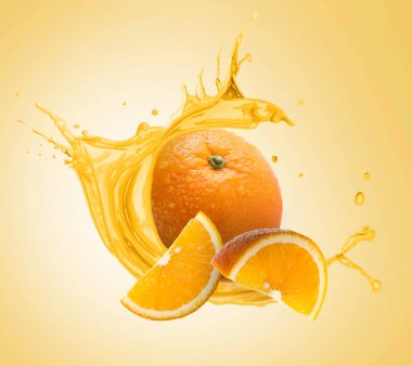 Taze portakallar ve havadaki narenciye suyu renk arkaplanına karşı.