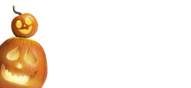 Beyaz arka planda balkabağı fenerlerine bakan Cadılar Bayramı poster tasarımı. Metin için boşluk