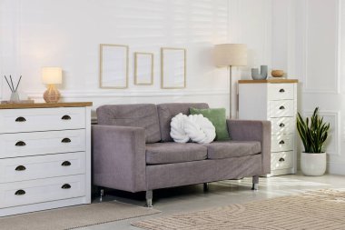 Yumuşak kanepe, şifoniyerler ve ev bitkisi oturma odasında. İç tasarım