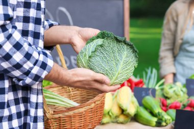 Çiftçi pazarından taze sebze seçen adam, yakın plan.
