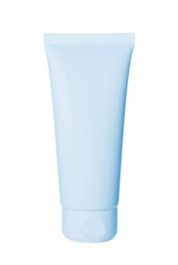 Tube of cosmetic product in light blue color isolated on white