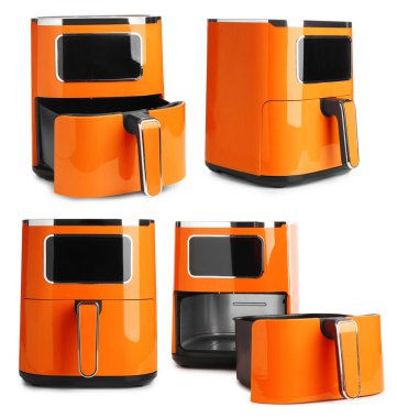 Beyaza izole edilmiş turuncu hava fritözü, kolaj. Modern mutfak aletleri