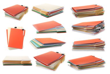 Documents in colorful file folders with binder clips isolated on white, set