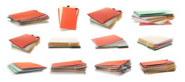 Documents in colorful file folders with binder clips isolated on white, set