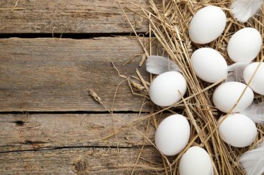 Çiğ tavuk yumurtası, tüy ve saman, ahşap masa, düz yatak. Metin için boşluk