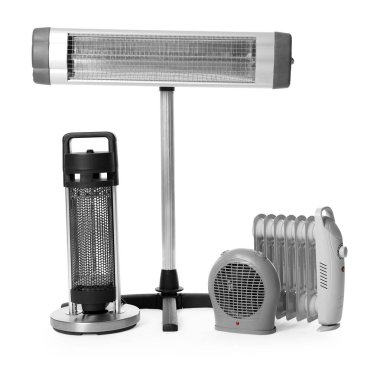 Different modern electric heaters isolated on white