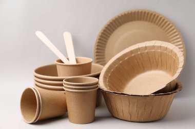 Set of disposable tableware and green leaves on light grey background, closeup
