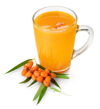 Cup of sea buckthorn tea and fresh berries isolated on white