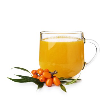 Cup of sea buckthorn tea and fresh berries isolated on white