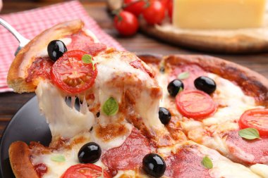 Peynirli, salamlı, domatesli ve zeytinli leziz pizzayı yakın plan.