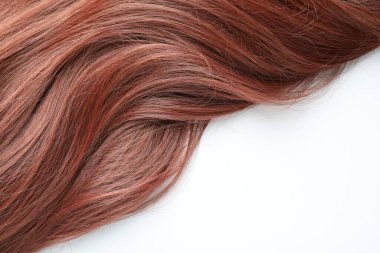 Beyaz arka planda kestane rengi saç teli, üst manzara. Metin için boşluk