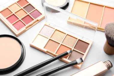 Eyeshadow palettes, other cosmetic products and brushes on white background, above view