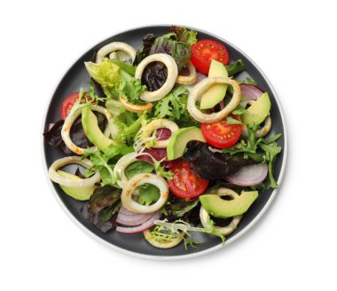 Delicious salad with squid rings, avocado and vegetables isolated on white, top view