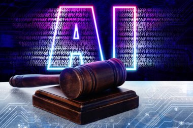 Yapay zeka ve yargı sistemi. Yargıç tokmağı devre kartı desenli masada ve yapay zekanın kısaltması ikili kodlu.