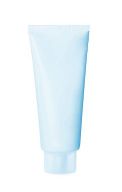 Tube of cosmetic product in light blue color isolated on white
