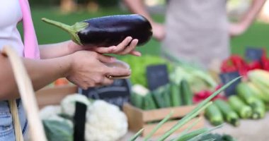 Kadın çiftçi pazarında sepete patlıcan koyuyor, yakın plan.