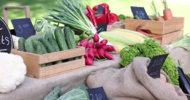 Many different vegetables on stall at farmer's market, closeup