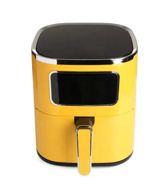 Modern sarı kızartma makinesi beyazda izole edilmiş.