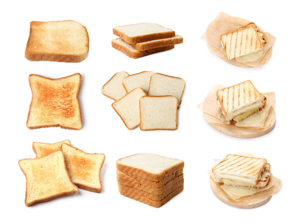 Bland food taste. Different types of bread isolated on white, set