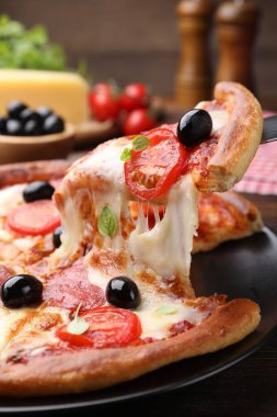 Peynirli, salamlı, domatesli ve zeytinli leziz pizzayı yakın plan.