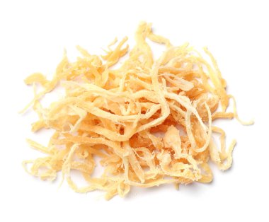 Lezzetli kuru kalamar talaşları beyaz, üst görünümde izole.