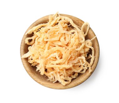 Dried squid shavings in bowl isolated on white, top view