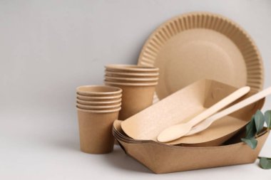 Set of disposable tableware and green leaves on light grey background, closeup. Space for text