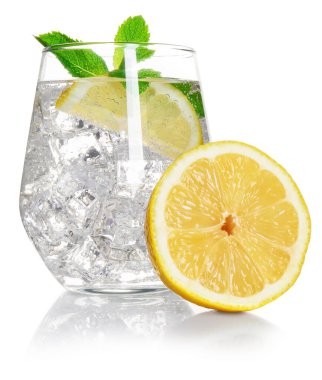 Refreshing water with lemon, mint and ice isolated on white