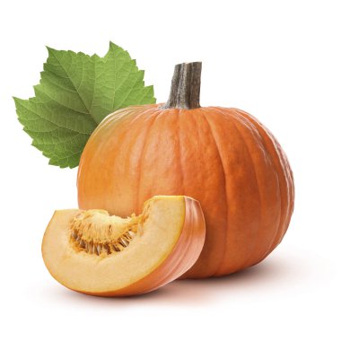 Taze olgun balkabakları beyazın üzerinde izole edilmiş. Tam ve dilimle.