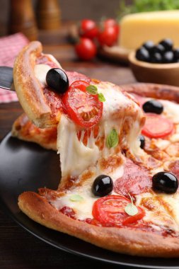 Peynirli, salamlı, domatesli ve zeytinli leziz pizzayı yakın plan.
