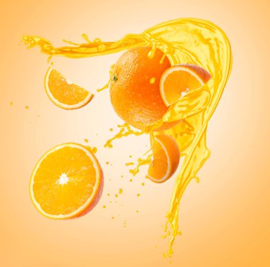 Taze portakallar ve havadaki narenciye suyu renk arkaplanına karşı.
