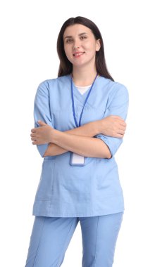 Beyaz arka planda üniformalı hemşire portresi